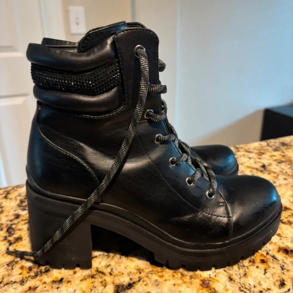 Nine West Black Lace-Up Chunky Heel Platform Ankle Boots